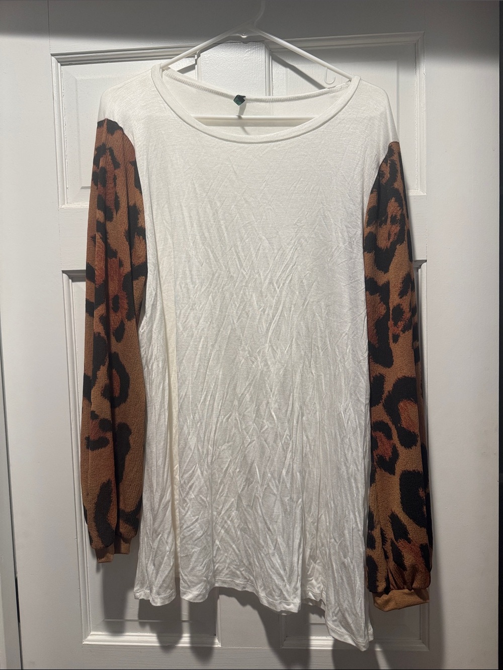 Women’s Cream Tunic Top with Leopard Print Sleeves
